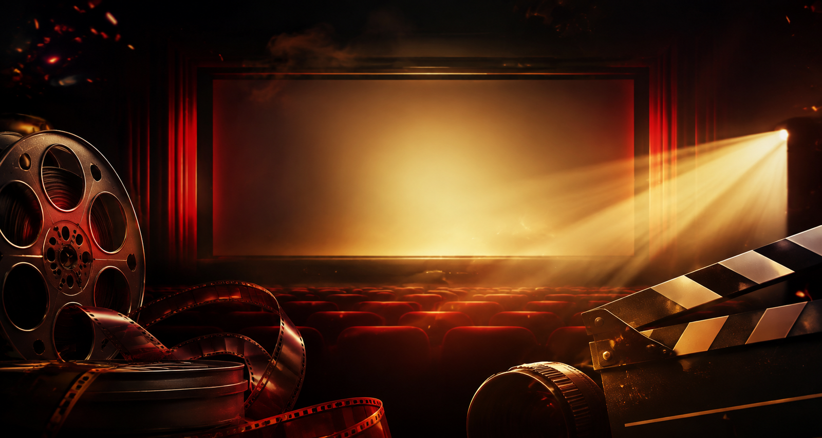 A cinematic theatre screen with film reels and a clapperboard representing MovieFire